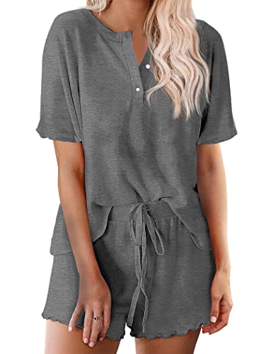 Ekouaer Damen Pyjama Schlafanzug Kurz Sommer Pyjama Set Baumwolle Nachtwäsche Kurzarm Sleepwear mit Kordelzug Grau XXL von Ekouaer