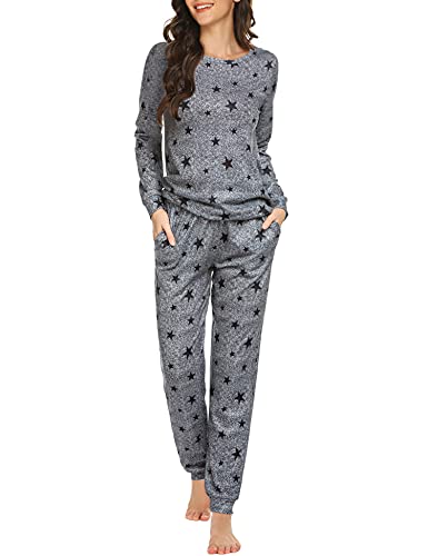 Ekouaer Damen-Pyjama-Set, langärmelig, Nachtwäsche, Sternenmuster, Nachtwäsche, weiche Pyjama-Sets mit Taschen, A-Medium Grey Black Star, L von Ekouaer