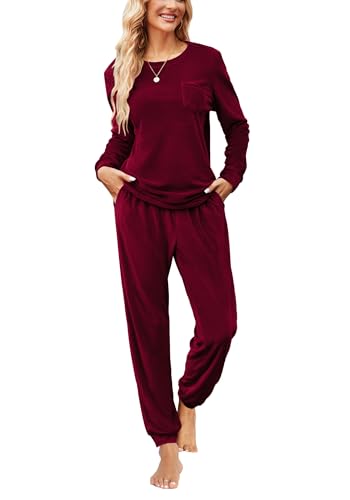 Ekouaer Damen-Pyjama-Set, langärmelig, weich, Nachtwäsche, 2-teiliges Samt-Pyjama-Set mit Taschen, Weinrot, L von Ekouaer