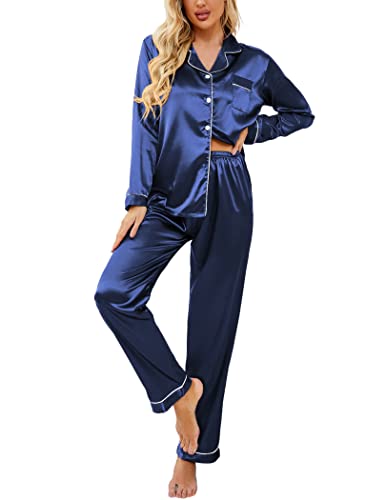 Ekouaer Damen Pyjama Set Damen Satin Pyjama Lang Schlafanzug Winter Hausanzug für Frauen Langarm Sleepshirt mit Knöpfe von Ekouaer