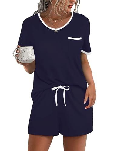 Ekouaer Damen Pyjama Set Kurz Schlafanzug 2-teiliges Loungewear Set Oberteile und Shorts weiche Nachtwäsche Brusttasche, Dunkelblau, XXL von Ekouaer