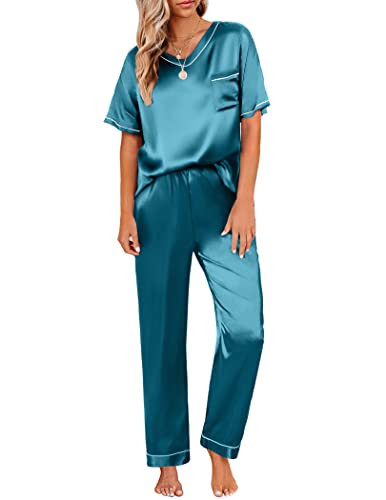 Ekouaer Schlafanzug Damen lang Zweiteiler Pyjama Satin Hausanzug Kurzarm Pyjama Set mit Taschen Seidenpyjama Nachtwäsche Lang Hose Blaugrün L von Ekouaer