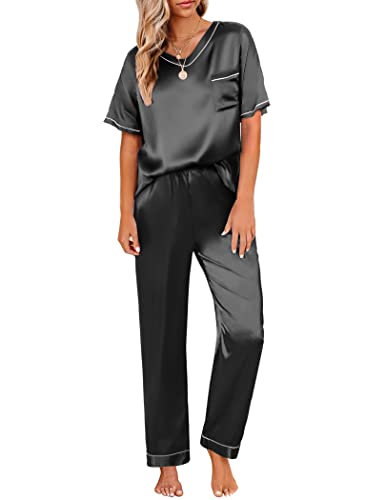 Ekouaer Schlafanzug Damen lang Zweiteiler Pyjama Satin Hausanzug Kurzarm Pyjama Set mit Taschen Seidenpyjama Nachtwäsche Lang Hose Schwarz L von Ekouaer