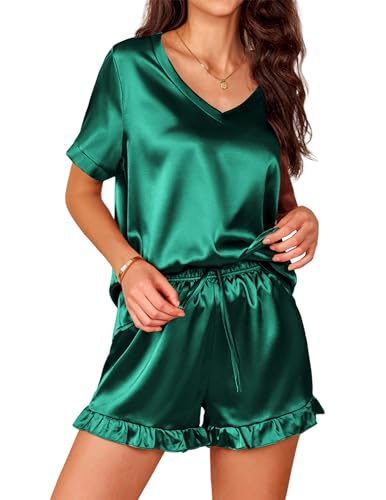 Ekouaer Damen Pyjama Set Satin V-Ausschnitt Schlafanzug Sommer Hausanzug für Frauen Kurzarm Silk Pjs Satin Nachtwäsche XL von Ekouaer