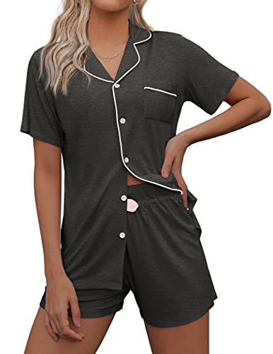 Ekouaer Damen Pyjama Set Schlafanzug Damen Kurz Zweiteiliger Pyjama Set Zweiteiliger Kurzarm Hose Hausanzug Nachtwäsche Lässig für Damen,Grau,XL von Ekouaer