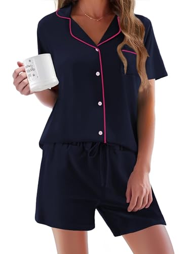 Ekouaer Pyjama Damen Kurz Schlafanzug Damen Kurzarm Nachtwäsche Sommer Loungewear mit Knopfleiste Sleepwear mit Taschen Hausanzug,Naviblue,XL von Ekouaer