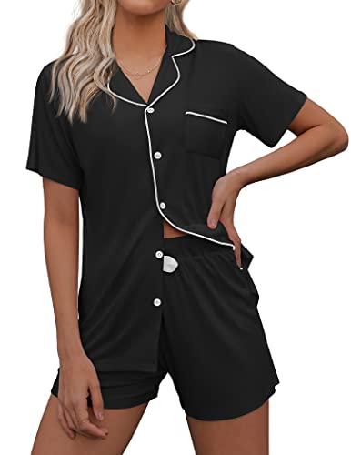 Ekouaer Damen Pyjama Set Schlafanzug Damen Kurz Zweiteiliger Pyjama Set Zweiteiliger Kurzarm Hose Hausanzug Nachtwäsche Lässig für Damen,Schwarz,XL von Ekouaer