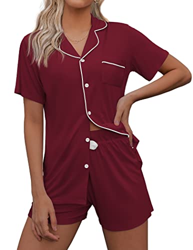 Ekouaer Damen Pyjama Set Schlafanzug Damen Kurz Zweiteiliger Pyjama Set Zweiteiliger Kurzarm Hose Hausanzug Nachtwäsche Lässig für Damen,Weinrot,XL von Ekouaer