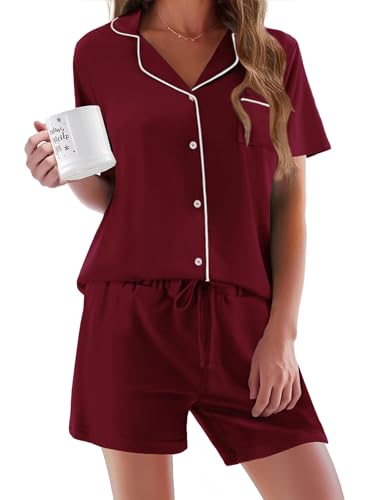 Ekouaer Pyjama Damen Kurz Schlafanzug Damen Kurzarm Nachtwäsche Sommer Loungewear mit Knopfleiste Sleepwear mit Taschen Hausanzug,Weinrot,XL von Ekouaer