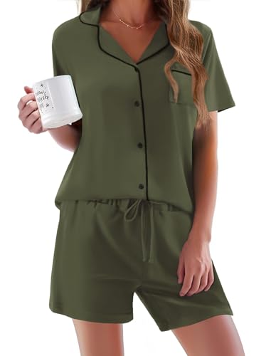 Ekouaer Damen Pyjama Set Kurz Schlafanzug Damen Kurzarm Nachtwäsche Sommer mit Knopfleiste V-Ausschnitt Zweiteiliger Baumwolle Hausanzug PJs, Armeegrün, L von Ekouaer