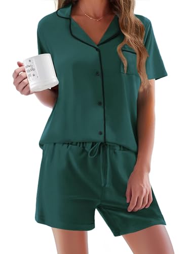Ekouaer Schlafanzug Damen Kurz Pyjama Set Kurzarm Schlafanzüge Frauen Sommer Hausanzug Kurz Lounge Set Zweiteiliger Sleepwear mit Knöpfen und Taschen,Grün,L von Ekouaer