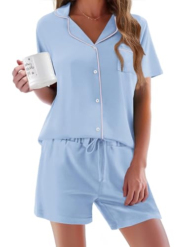 Ekouaer Damen Pyjama Set Kurz Schlafanzug Damen Kurzarm Nachtwäsche Sommer mit Knopfleiste V-Ausschnitt Zweiteiliger Baumwolle Hausanzug PJs, Hellblau, L von Ekouaer