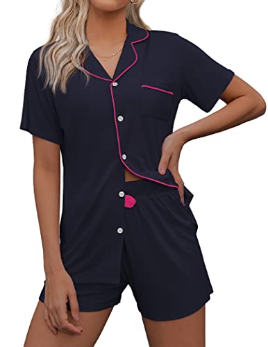 Ekouaer Damen Pyjama Set Schlafanzug Damen Sommer mit Knopfleiste V-Ausschnitt Zweiteiliger Nachtwäsche Hausanzug PJs,Naviblue,L von Ekouaer