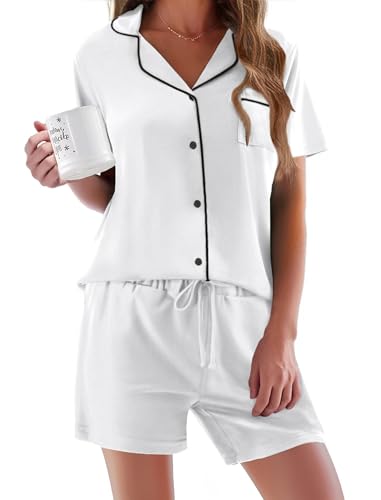 Ekouaer Damen Pyjama Set Kurz Schlafanzug Damen Kurzarm Nachtwäsche Sommer mit Knopfleiste V-Ausschnitt Zweiteiliger Baumwolle Hausanzug PJs, Weiß, L von Ekouaer