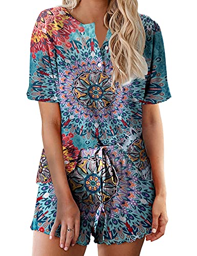 Ekouaer Damen Pyjama Set Schlafanzug Sommer Hausanzug für Frauen Kurzarm Sleepshirt L von Ekouaer