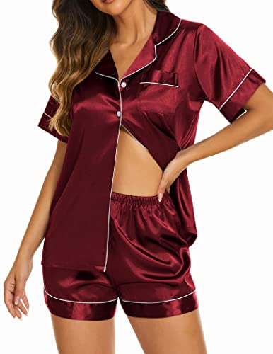 Ekouaer Damen Pyjama Set V-Ausschnitt Schlafanzug Sommer Hausanzug für Frauen Kurzarm Sleepshirt mit Knöpfe,Rot,XL von Ekouaer