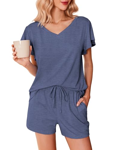 Ekouaer Damen Pyjama Set V-Ausschnitt Schlafanzug Sommer Hausanzug für Frauen Kurzarm Sleepshirt mit Knöpfe von Ekouaer