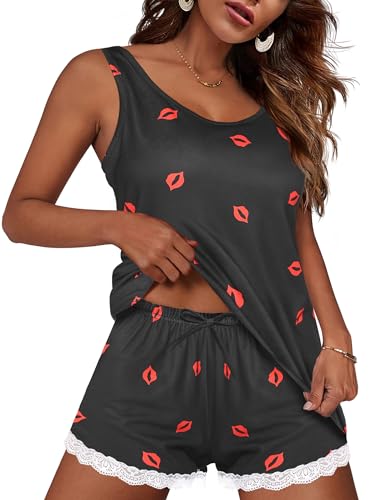 Ekouaer Damen Pyjama Set Zweiteiliger Schlafanzug mit Ärmlos Sexy Tanktop und gestreift Shorts sommerschlafanzug Schwarz-Rote Lippen XXL von Ekouaer