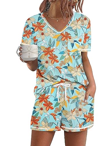 Ekouaer Damen Pyjama Sets Kurzarm Lounge Sets Nachtwäsche Casual Zweiteiliger Pyjama mit Taschen, Blumenblau, L von Ekouaer