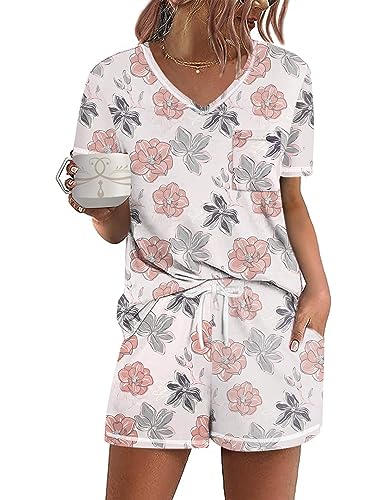 Ekouaer Damen Pyjama Sets Kurzarm Lounge Sets Nachtwäsche Casual Zweiteiliger Pyjama mit Taschen, pink floral, M von Ekouaer