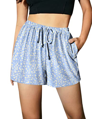 Ekouaer Damen-Pyjama-Shorts, bequeme Lounge-Hose mit Taschen, Stretch-Streifen, Nachtwäsche, Kordelzug, Pyjamahose, Schlafshorts, Himmelblaue Blume, Large von Ekouaer