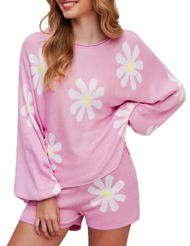 Ekouaer Damen Pyjama Zweiteiliger Schlafanzug Langarm Sweater kurz Hose Gestrickt Pullover Outfit Set Nachtwäsche Geblümt Rosa S von Ekouaer