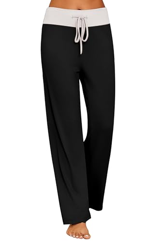 Ekouaer Damen Pyjamahose Lang Jogginghose Damen Weiche Schlafanzughosen Für Damen Schlafhose mit Kordelzug Schwarz XXL von Ekouaer