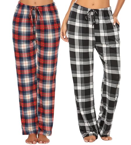 Ekouaer Damen Pyjamahose lang Schlafanzughose Karierte Schlafhose Hausanzug Nachtwäsche Freizeithose 1-2er Pack Schlafanzug Strandhose mit Taschen und Kordelzug Rot Schwarz Weiß L von Ekouaer