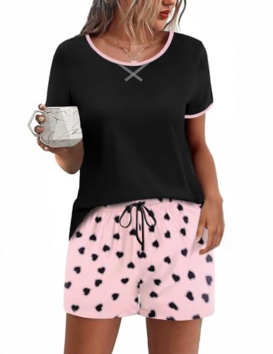 Ekouaer Shorty Pyjama Damen Sommer Schlafanzug Damen Kurz Rundhals Kurzer Schlafanzüge Top und Shorts Nachtwäsche, Schwarz-Rosa Shorts, XL von Ekouaer