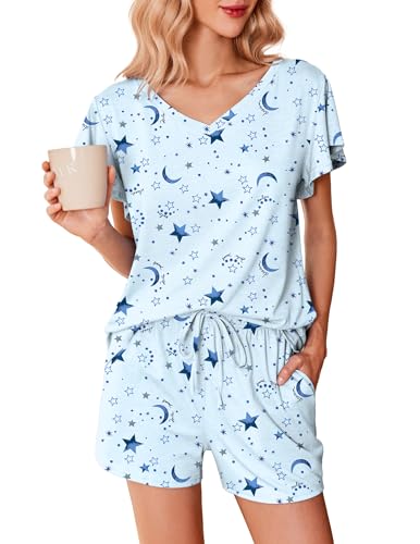 Ekouaer Damen Schlafanzug Kurz Pyjama Set Sommer Zweiteiliger Kurzarm Nachtwäsche V Ausschnitt Hausanzug mit Taschen Hellblau XL von Ekouaer