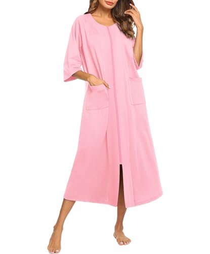 Ekouaer Damen Reißverschluss Robe 3/4 Ärmel Hausmäntel in voller Länge Hauskleid Loungewear Langes Nachthemd mit Taschen, Rosa, Large von Ekouaer