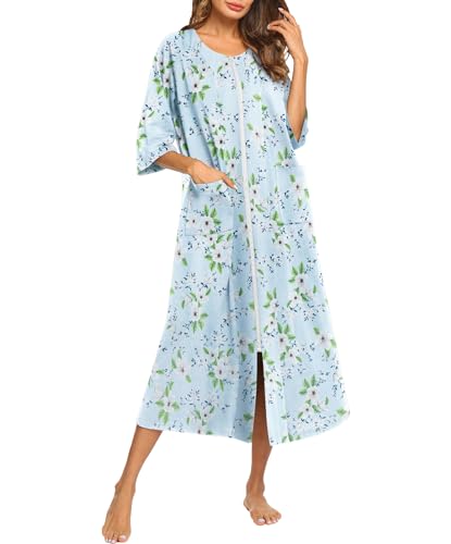 Ekouaer Damen Reißverschluss Robe 3/4 Ärmel Hausmäntel in voller Länge Hauskleid Loungewear Langes Nachthemd mit Taschen, weiße blumen, X-Large von Ekouaer