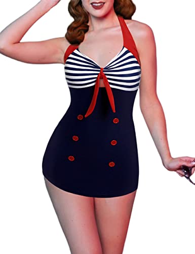 Ekouaer Damen Retro gestreifte einteiliger Badeanzug pin up Halter Monokini Badeanzug mittel blau von Ekouaer