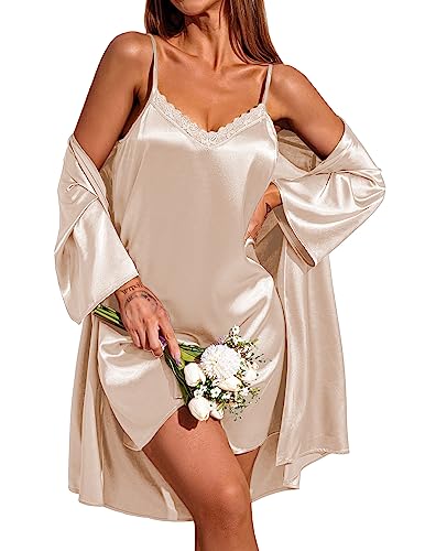 Ekouaer Damen Satin Morgenmantel mit Sexy Nachthemd Zweiteiliger Negligee Set Babydoll Hausanzug Champagne XL von Ekouaer