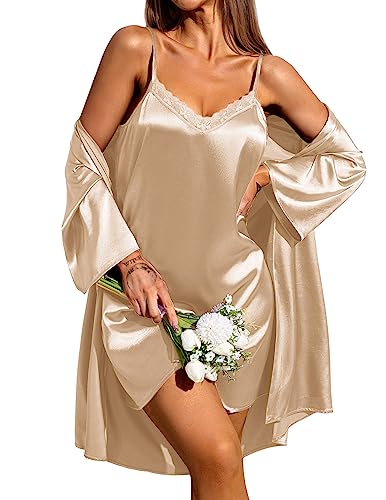 Ekouaer Damen Satin Morgenmantel mit Sexy Nachthemd Zweiteiliger Negligee Set Babydoll Hausanzug Khaki XL von Ekouaer