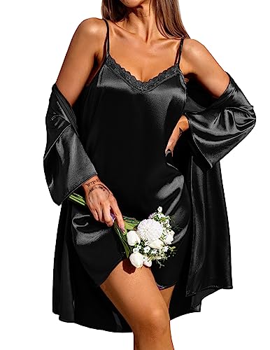 Ekouaer Damen Satin Morgenmantel mit Sexy Nachthemd Zweiteiliger Negligee Set Babydoll Hausanzug Schwarz XL von Ekouaer