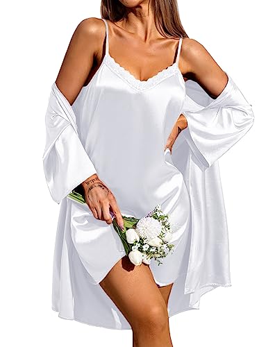 Ekouaer Damen Satin Morgenmantel mit Sexy Nachthemd Zweiteiliger Bademantel Braut Negligee Set Weiß XL von Ekouaer