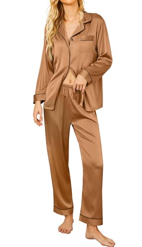 Ekouaer Damen Satin Pyjama Schlafanzug Zweiteiliger Pyjamas Set Frauen Seide Nachtwäsche Langarm Hausanzug Sleepwear Champagner Gold L von Ekouaer