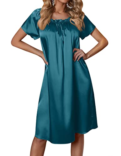 Ekouaer Damen Satin Seide Nachthemd Kurzarm Schlafkleid Bedruckt Nachthemd Lose Nachtwäsche S-3XL, Blau Grün, Medium von Ekouaer