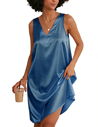 Ekouaer Damen Satin Seide Nachthemd V Ausschnitt Nachthemd Tank Sleepshirt Ärmellos Sommerkleid Bequeme Loungewear, Dunkelblau, Large von Ekouaer