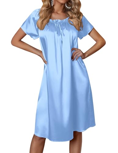 Ekouaer Damen Satin Seide Plissee Nachthemd Lose Nachtwäsche Bedrucktes Nachthemd Kurzarm Schlafkleid, Hell, blau, Large von Ekouaer