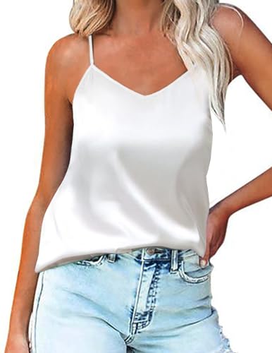 Ekouaer Damen Satin Tank Top Basic Cami Shirt Lässiges V-Ausschnitt Cami Ärmellose Blusen Weiß M von Ekouaer