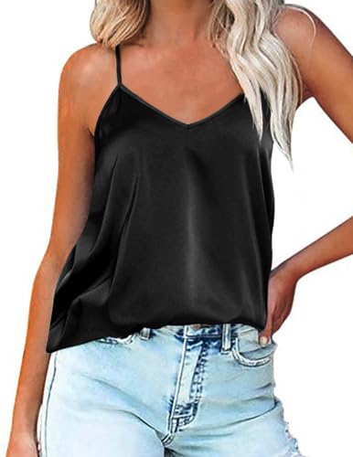 Ekouaer Damen Satin Tank Top Spaghetti Top Damen Unterhemd Valentinstagsgeschenk Spaghettiträger Tank Top mit Verstellbarer Strap Basic Cami Tank Top für Frauen Schwarz XL von Ekouaer