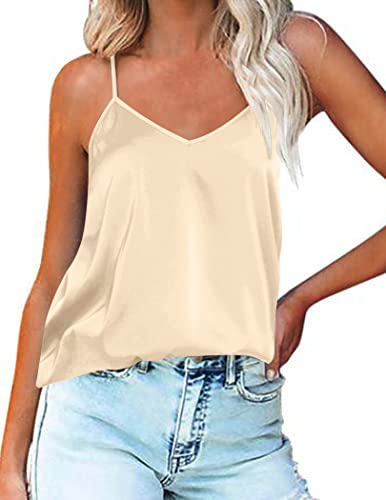 Ekouaer Damen Satin Tank Top Strap Basic Cami Sommer Weste Shirt Lässiges V-Ausschnitt Hellbraun M von Ekouaer