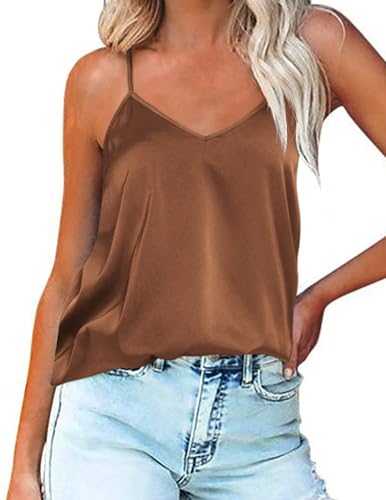 Ekouaer Damen Satin Tank Top Strap Basic Cami Weste Shirt Läsiges V-Ausschnitt Cami Ämellose Blusen Braun S von Ekouaer