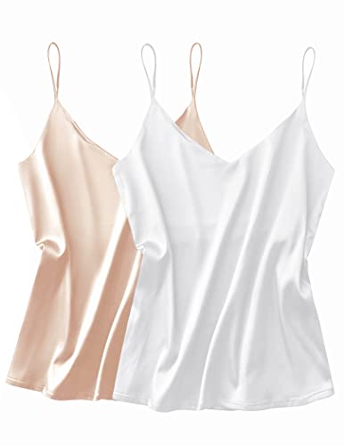 Ekouaer Damen Unterhemden Satin Tank Unterhemd Damen Spaghetti Top Unterhemd Spaghettiträger mit Verstellbarer Strap Basic Cami Tank Top für Frauen Weiß+Champagner S von Ekouaer