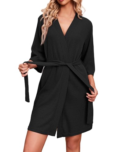 Ekouaer Damen Saunamantel Kurz mit 3/4 Ärmel Braut Morgenmantel Casual Nachthemd Sexy Kimono Kurz Cardigan Schwarz XL von Ekouaer