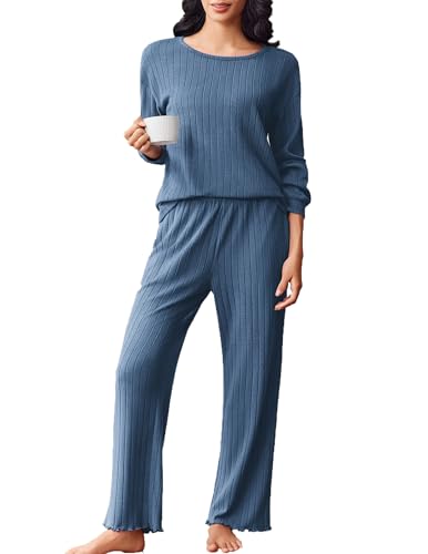 Ekouaer Damen Schlafanzug Baumwolle Langarm Nachtwäsche Pyjamas Set Zweiteiliger Hausanzug PJs Gerippt Schlafanzug Frauen Marineblau L von Ekouaer