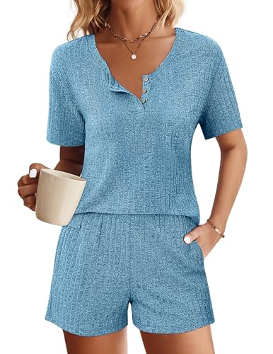 Ekouaer Schlafanzug Kurz Damen Shorty Pyjama Kurz T-Shirt & Shorts mit Knöpfe Zweiteiliger Pyjama Set für Damen, Blau, L von Ekouaer