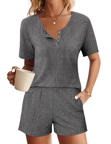 Ekouaer Sommer Schlafanzug Damen Pyjama Set mit Zwei Seitentaschen Pyjamahose und Shirt, Grau, L von Ekouaer